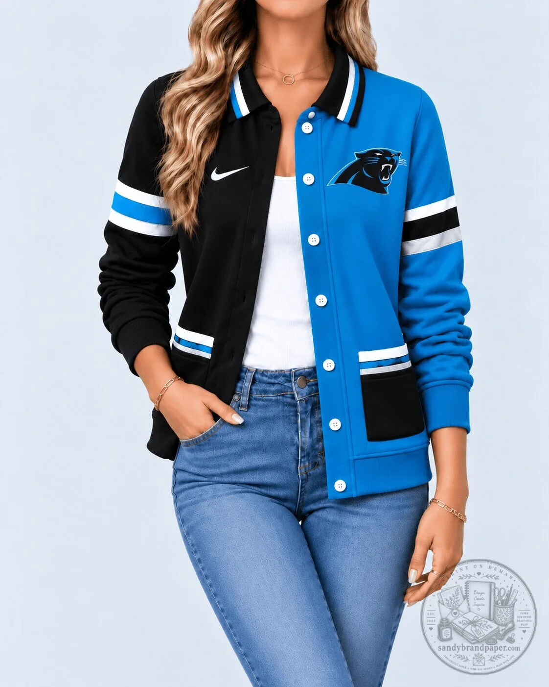 Carolina Panthers NFL Split Color Varsity Button-Up Jacket for Women