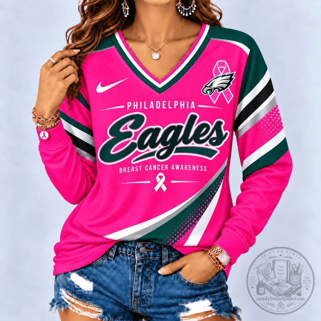 Philadelphia Eagles Breast Cancer Awareness Pink Long Sleeve Shirt for Women Philadelphia Eagles Breast Cancer Awareness Pink Long Sleeve Shirt for Women