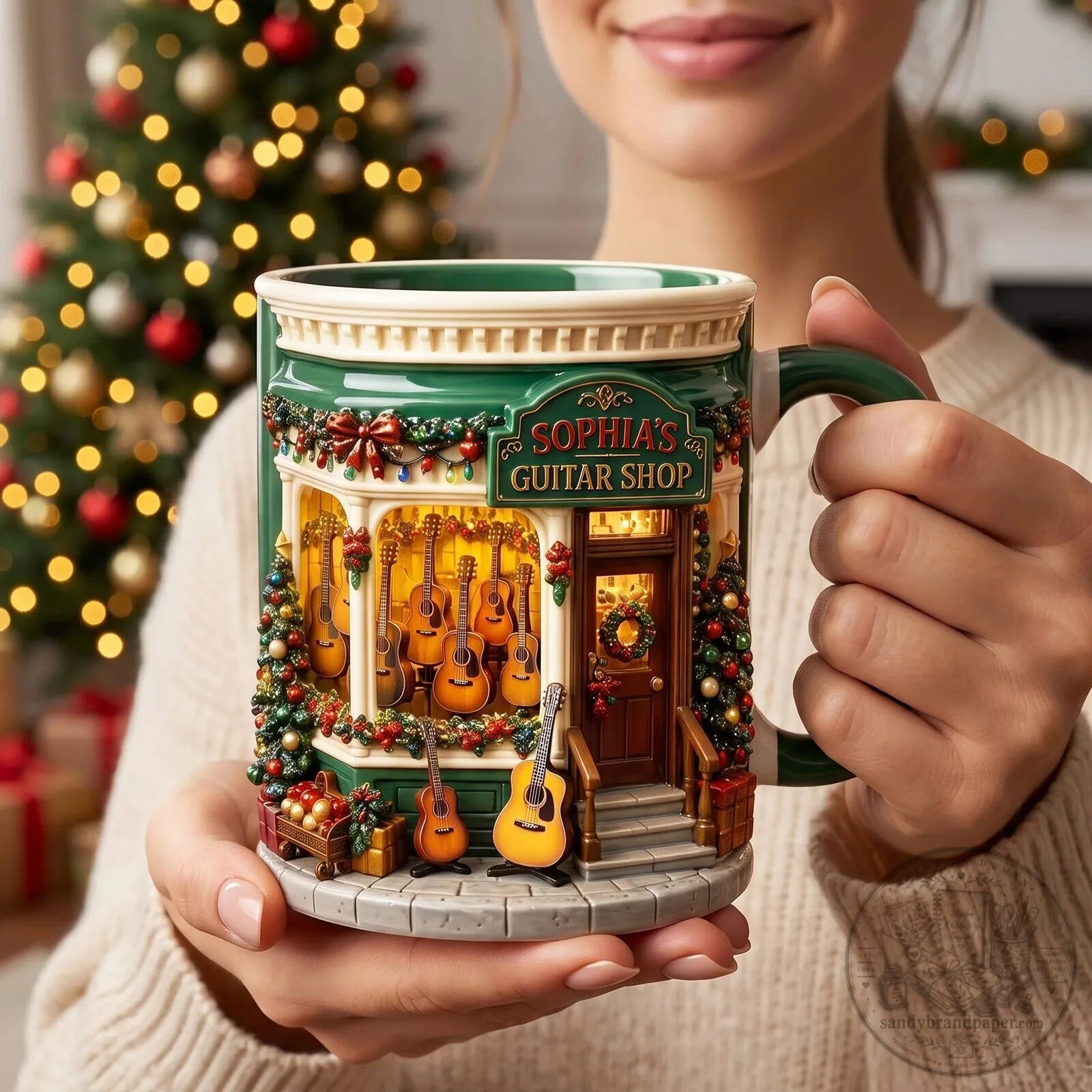 Personalized Christmas Guitar Shop Mug, Festive Holiday Music Lover Coffee Cup