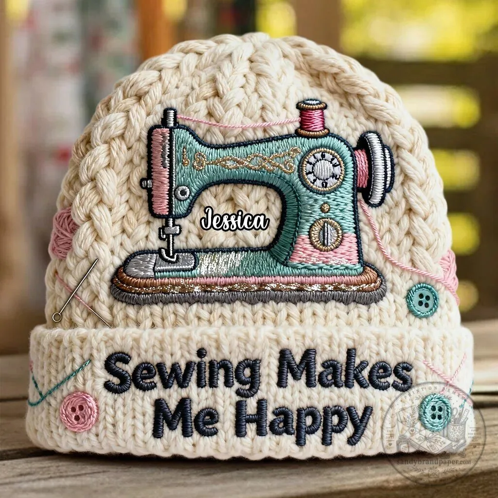 Personalized Sewing Machine Beanie Hat for Women - Sewing Makes Me Happy