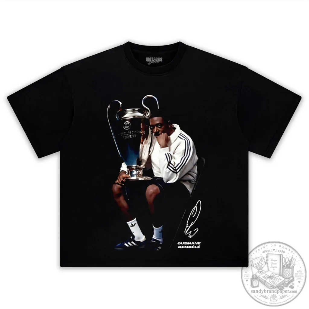 Ousmane Dembele Trophy Celebration Football Player Black T-Shirt Ousmane Dembele Trophy Celebration Football Player Black T-Shirt