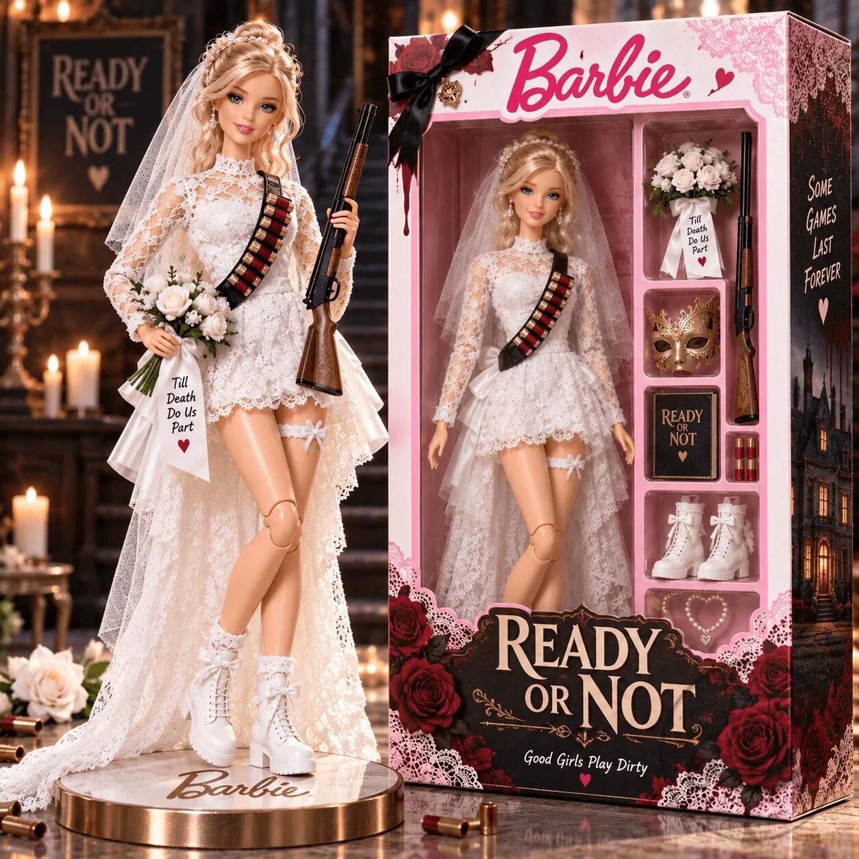 Ready Or Not Barbie Doll Collectible Figurine with Wedding Dress and Shotgun