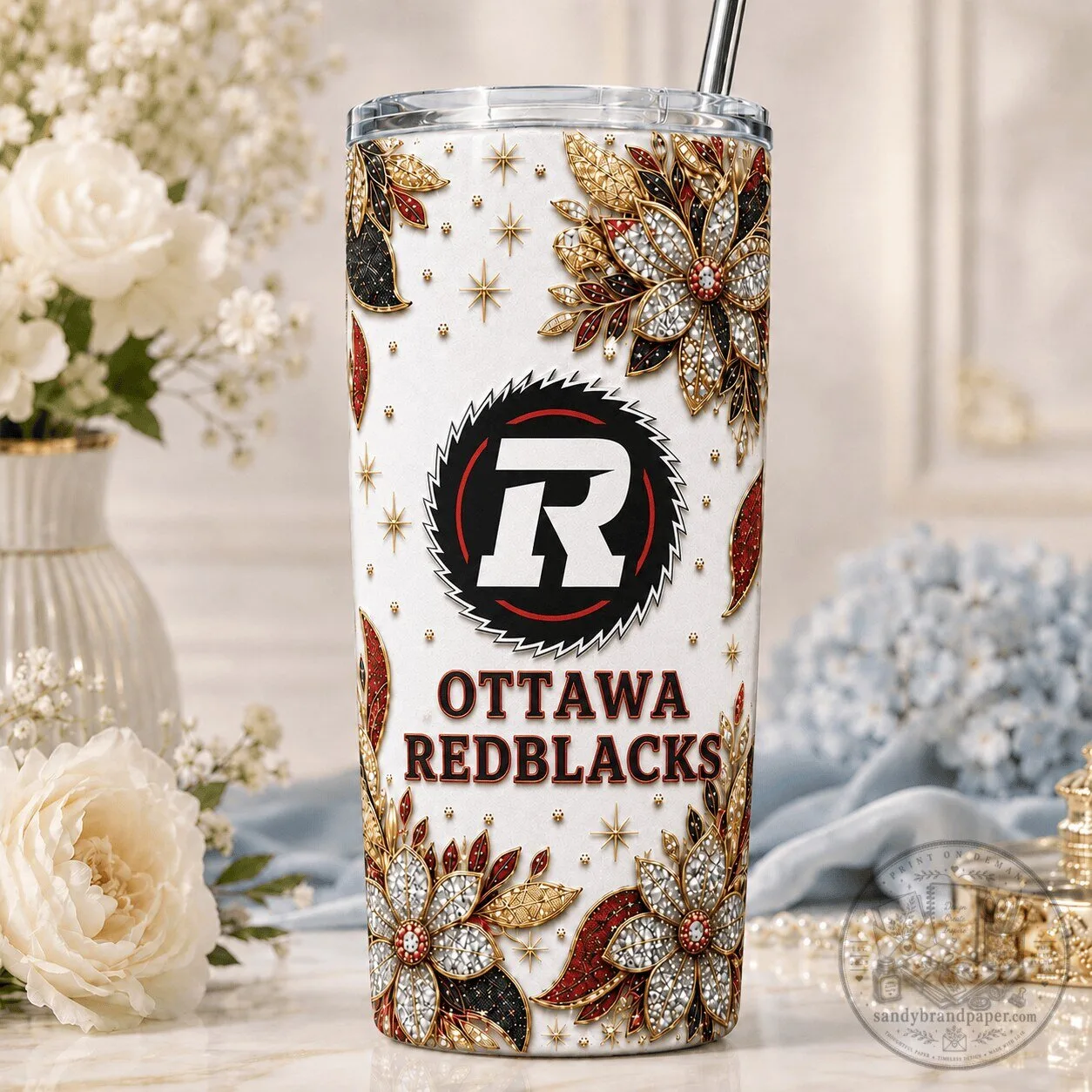 Ottawa Redblacks Canadian Football League Floral Pattern Tumbler