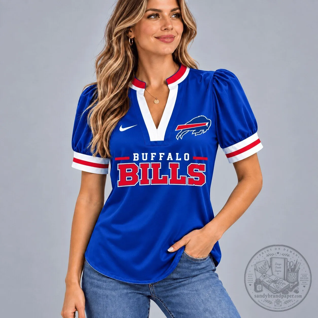 Buffalo Bills Women's Blue V-Neck Puff Sleeve Game Day T-Shirt