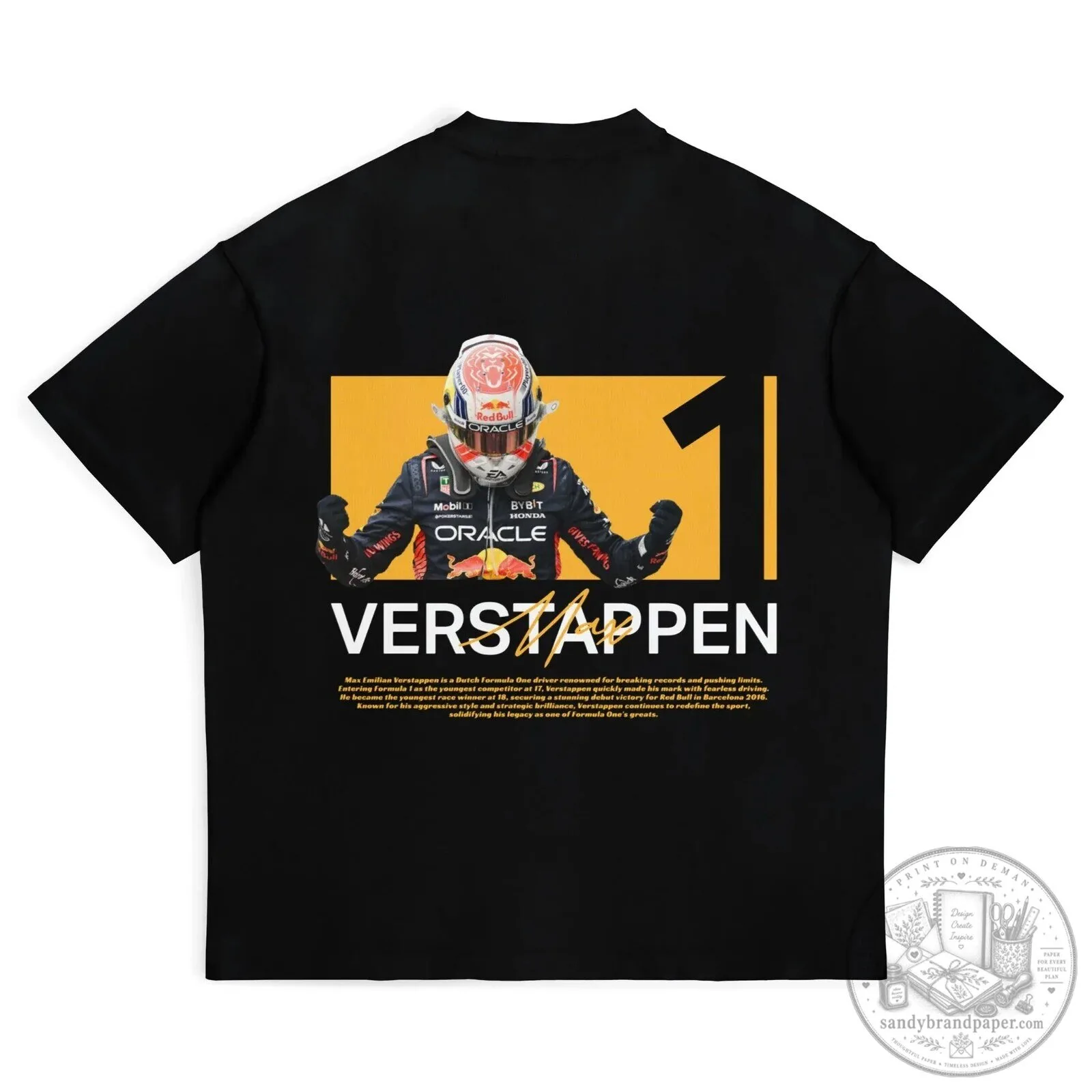 Black Graphic Tee Featuring Max Verstappen, Formula One Racing Driver
