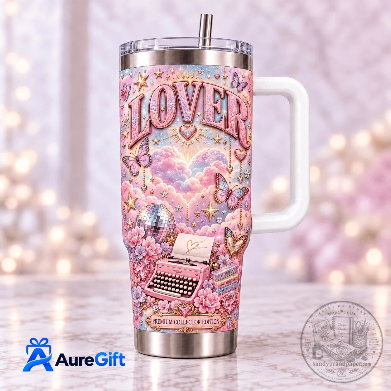 Taylor Swift Lover Album Themed Stainless Steel Insulated Tumbler with Handle