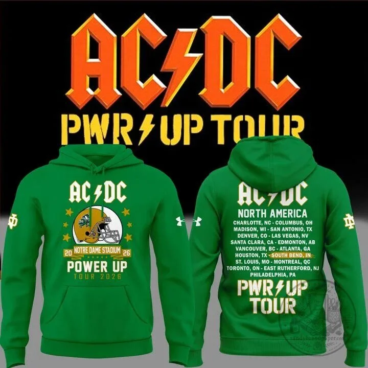 Green Hoodie for Notre Dame Football featuring the AC/DC Power Up Tour 2026
