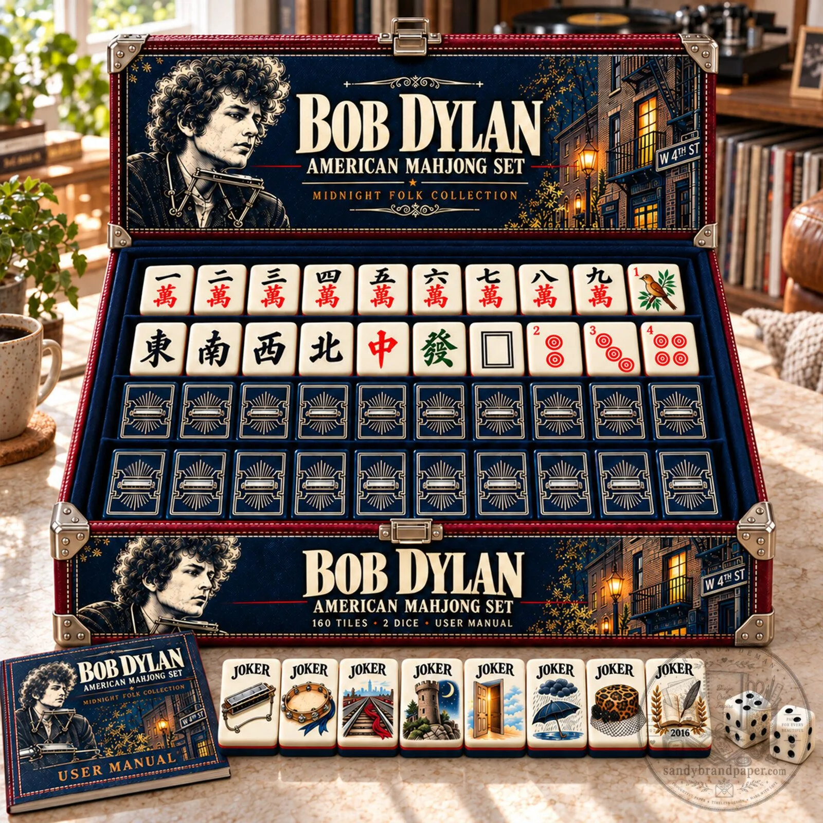 Bob Dylan American Mahjong Set Midnight Folk Collection with 160 Tiles and Dice