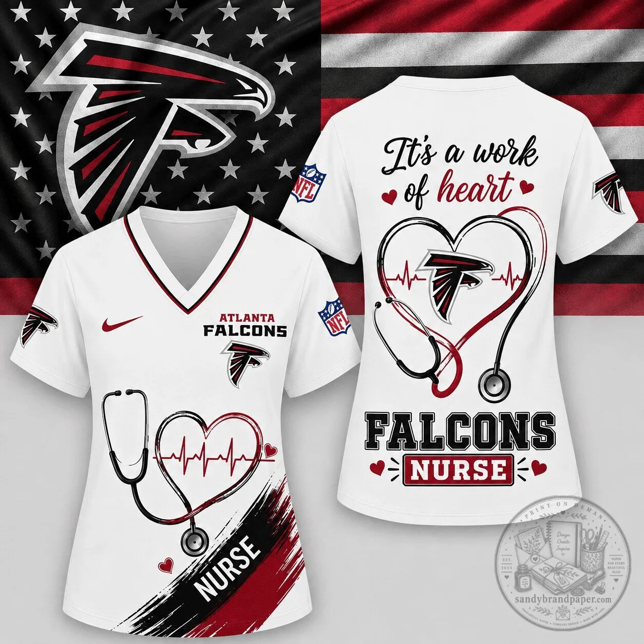 V-Neck T-Shirt for Nurses: Atlanta Falcons It's A Work Of Heart Design
