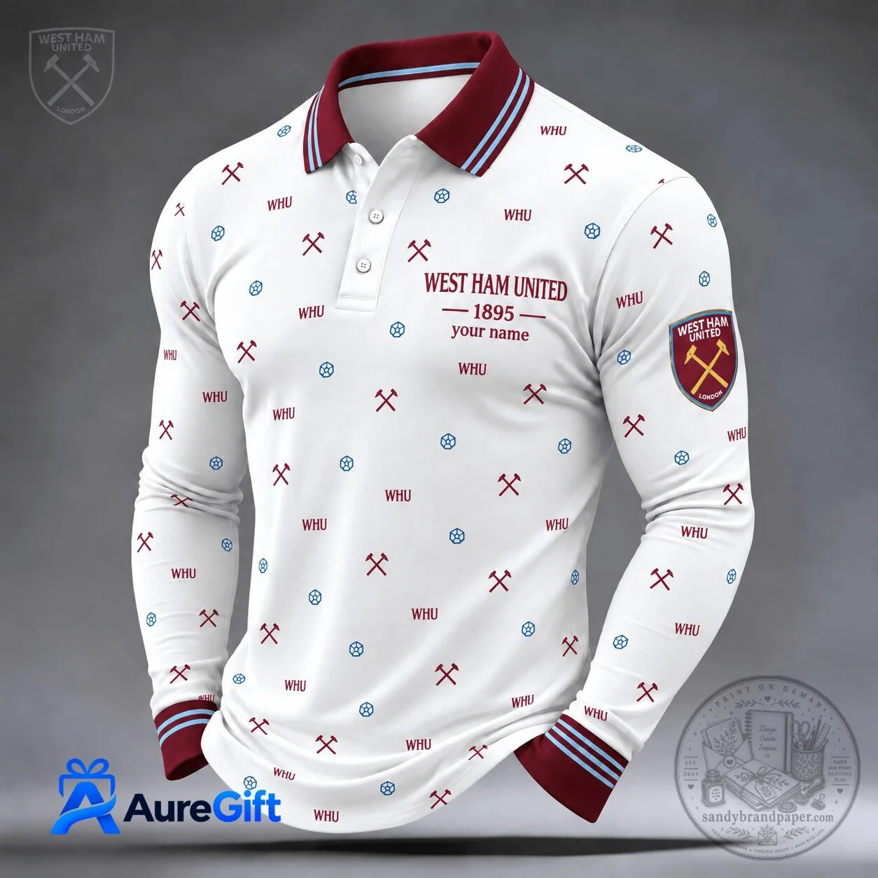 West Ham United Personalized Long Sleeve Polo Shirt