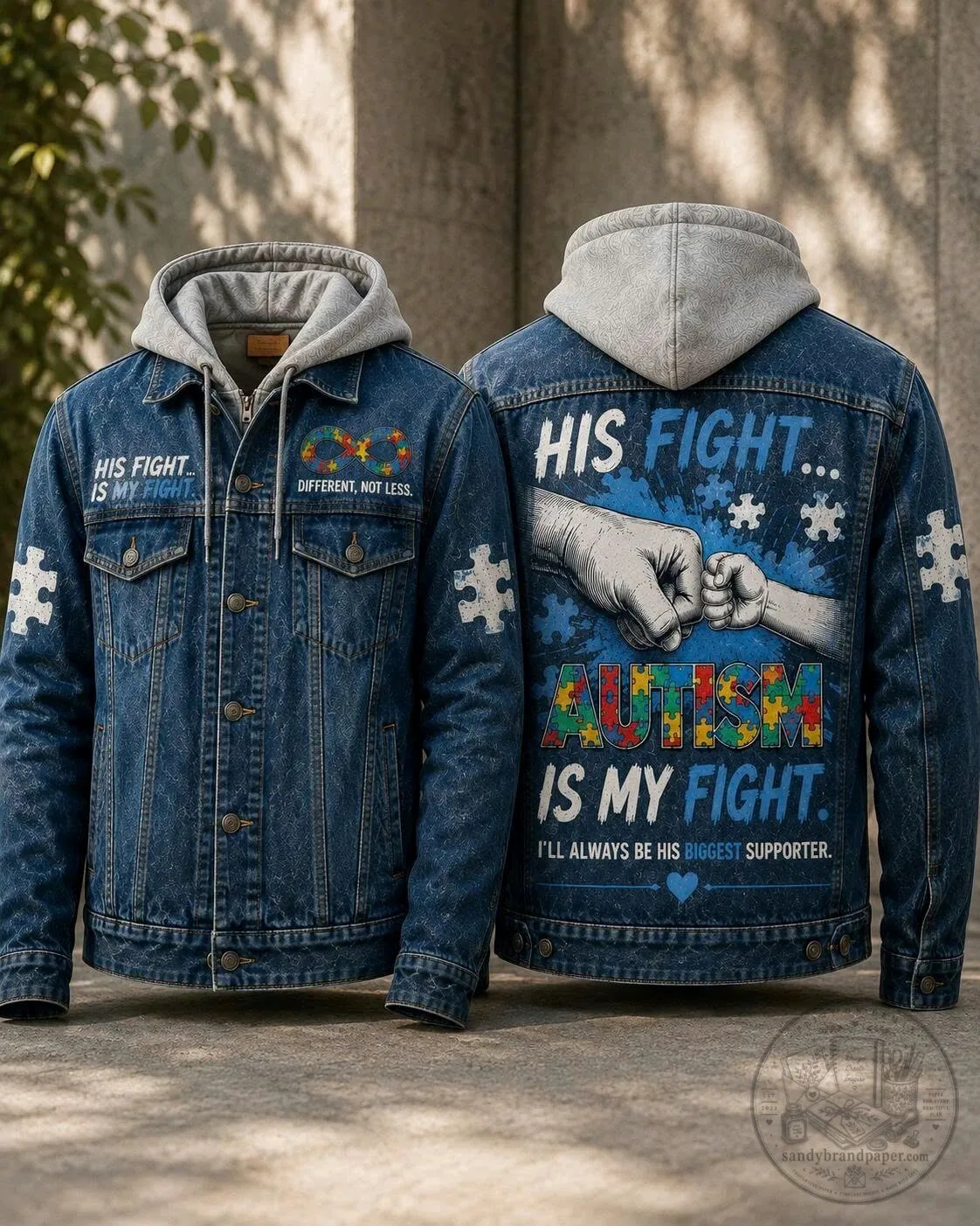 Autism Awareness His Fight Is My Fight Denim Jacket with Hood