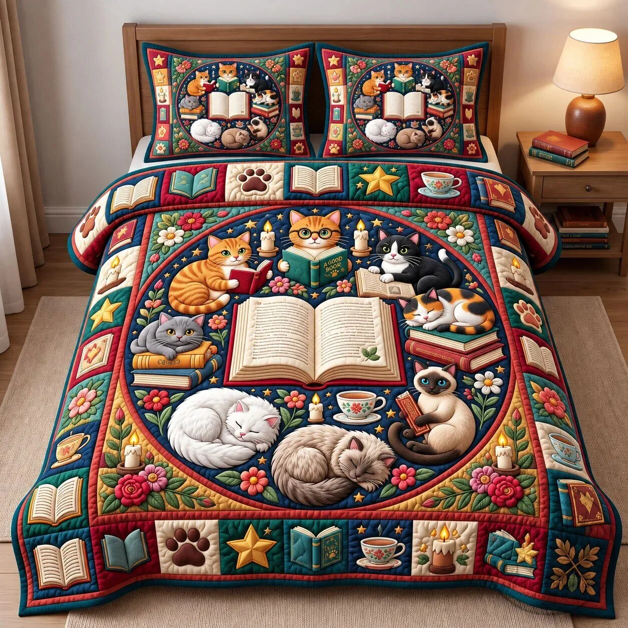Bookish Cats Reading Books Quilted Bedding Set with Pillow Shams