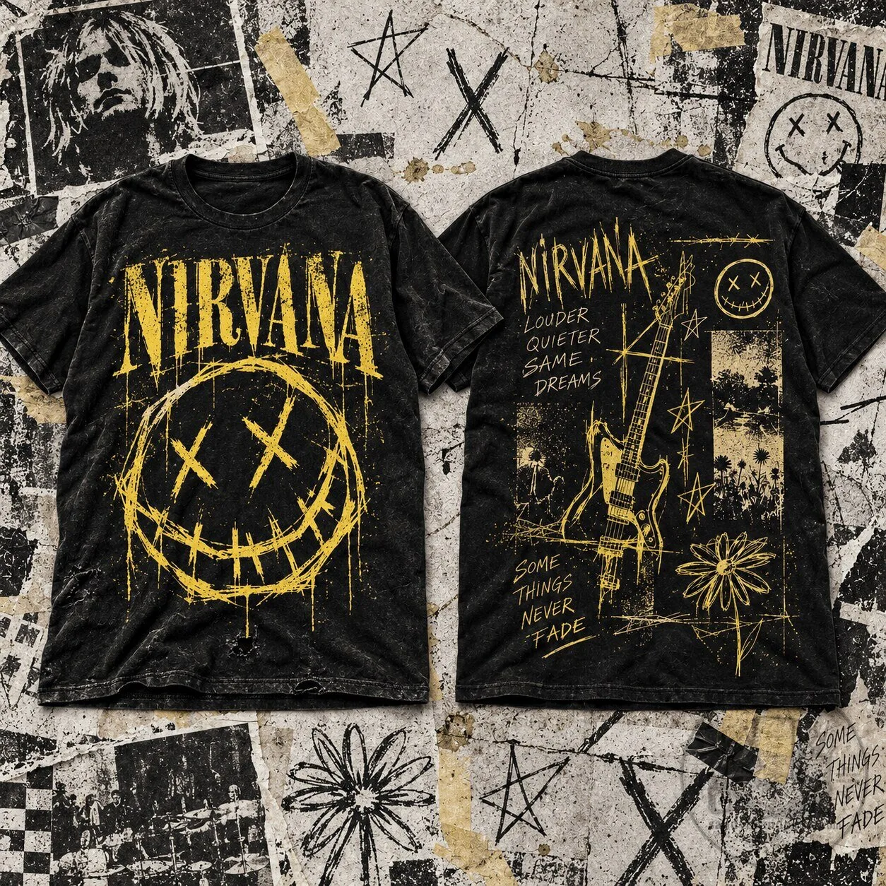 Nirvana Grunge Smiley Face Logo Rock Band Black Washed T-Shirt