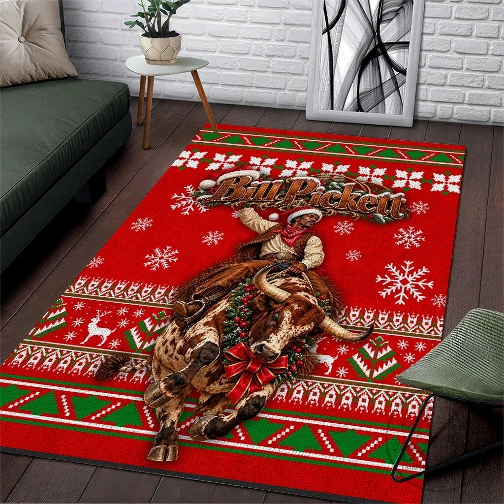 Bill Pickett Christmas Cowboy Rodeo Bull Rider Red Holiday Area Rug