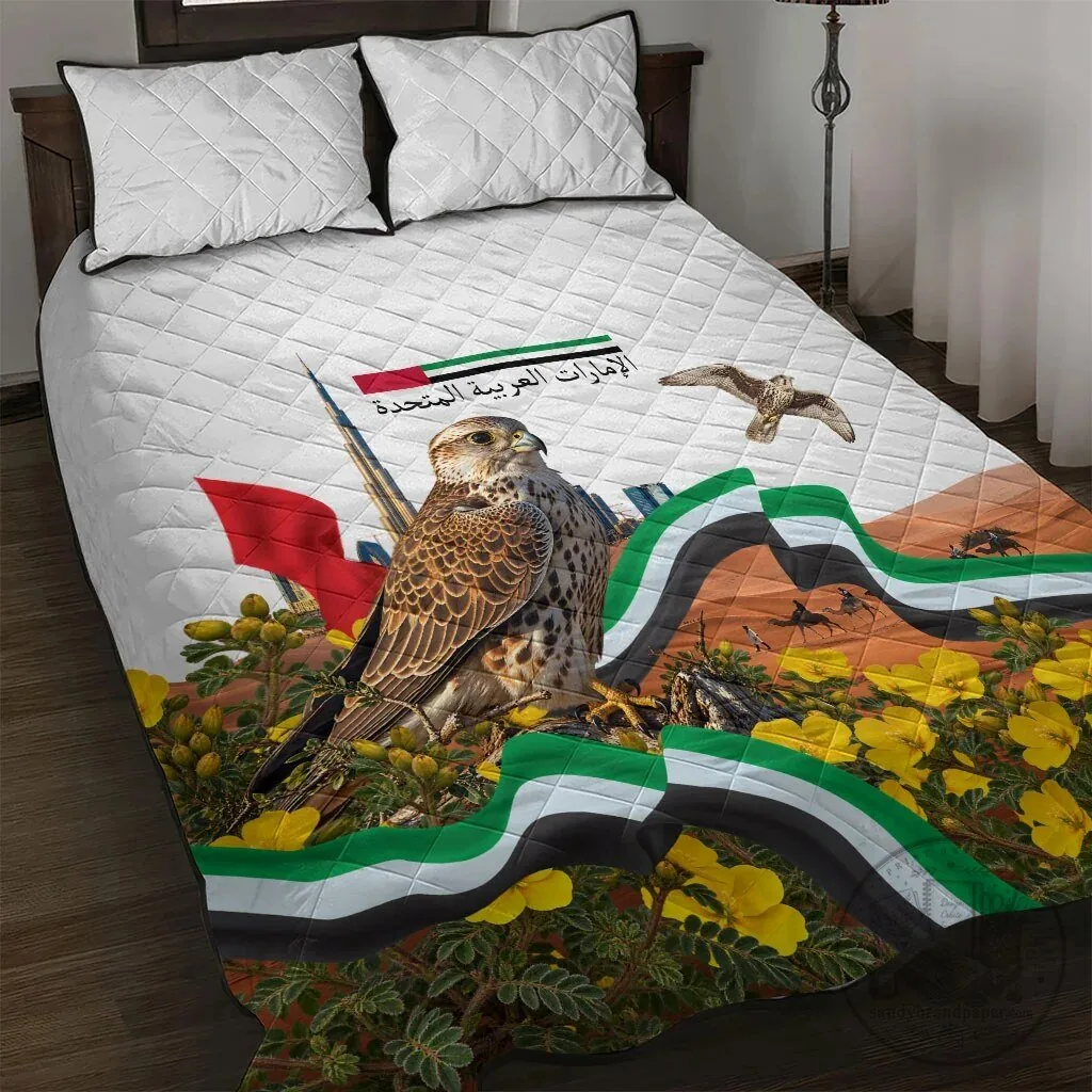 United Arab Emirates National Day Falcon Desert Landscape Quilted Bedding Set