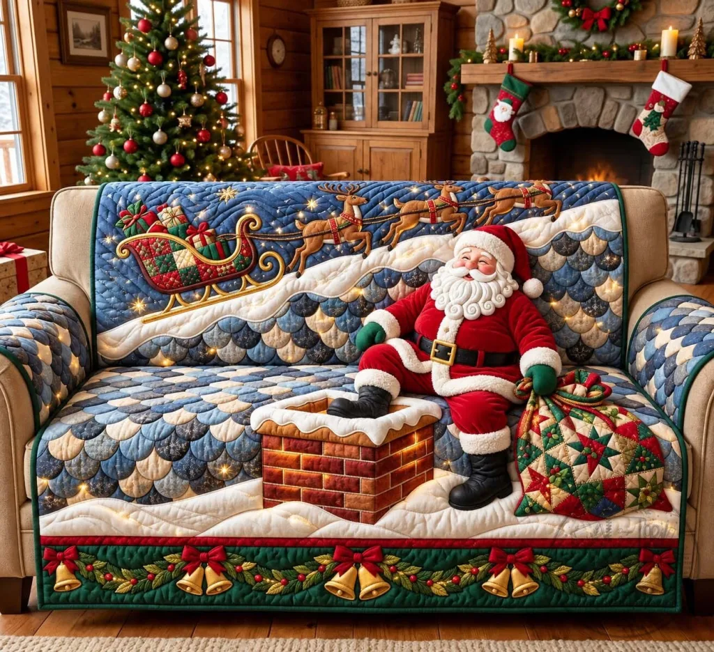 Christmas Santa Claus Rooftop Stop Quilted Sofa Cover Christmas Santa Claus Rooftop Stop Quilted Sofa Cover