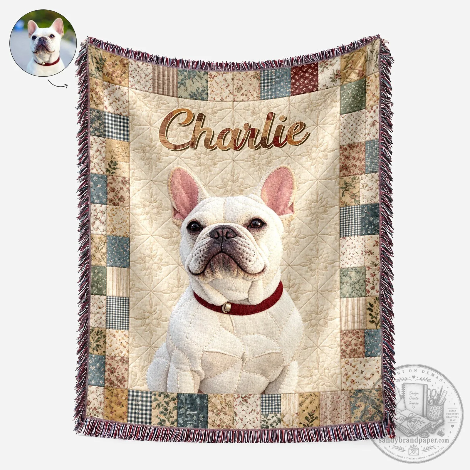 Personalized French Bulldog Pet Photo Quilt Woven Blanket with Name