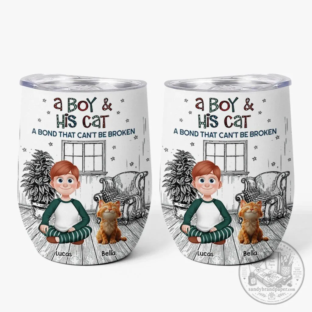 Personalized Boy and Cat A Bond That Can't Be Broken Tumbler with Lid