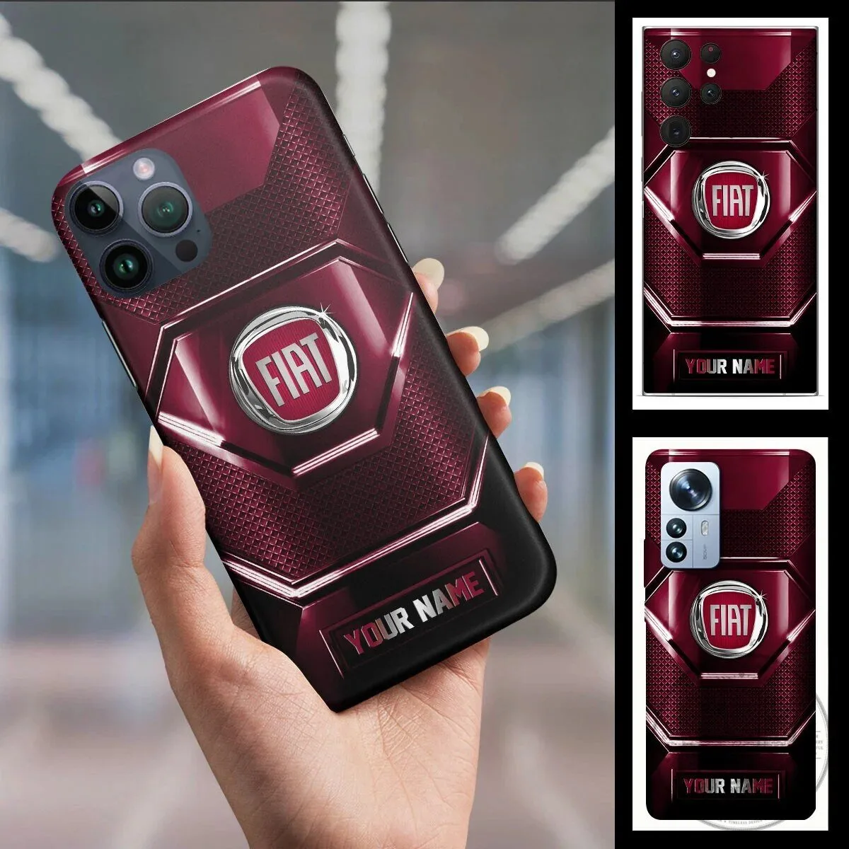 Fiat Car Logo Personalized Custom Name Red Metallic Pattern Phone Case