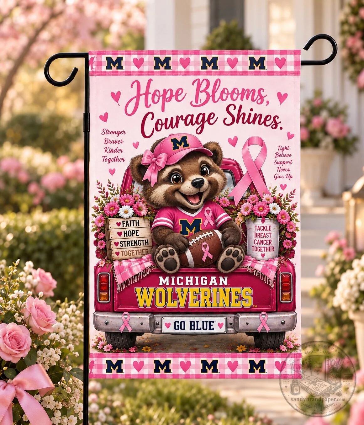 Michigan Wolverines Breast Cancer Awareness Hope Blooms Courage Shines Flag