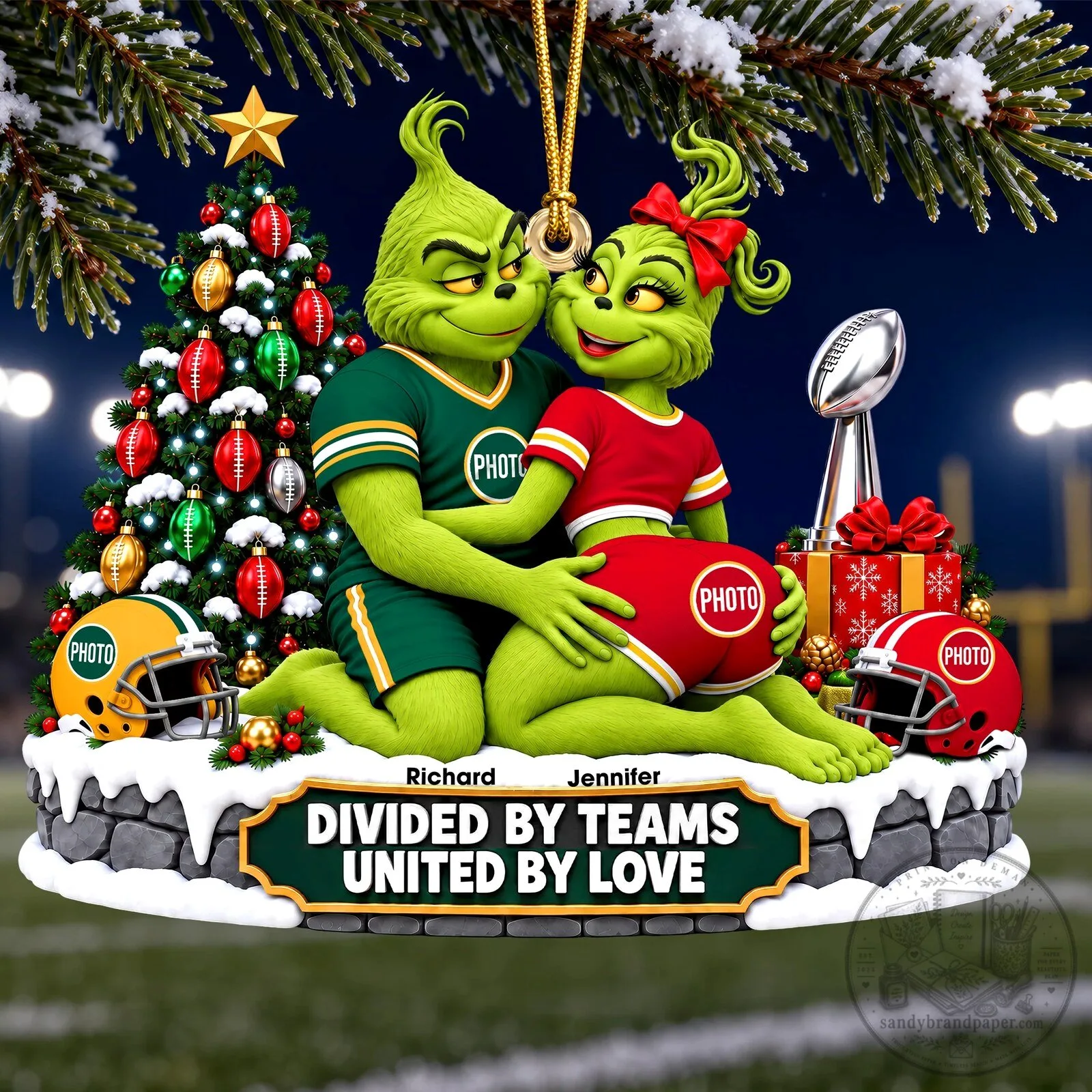 Grinch and Martha May Whovier Football Christmas Tree Ornament Personalized