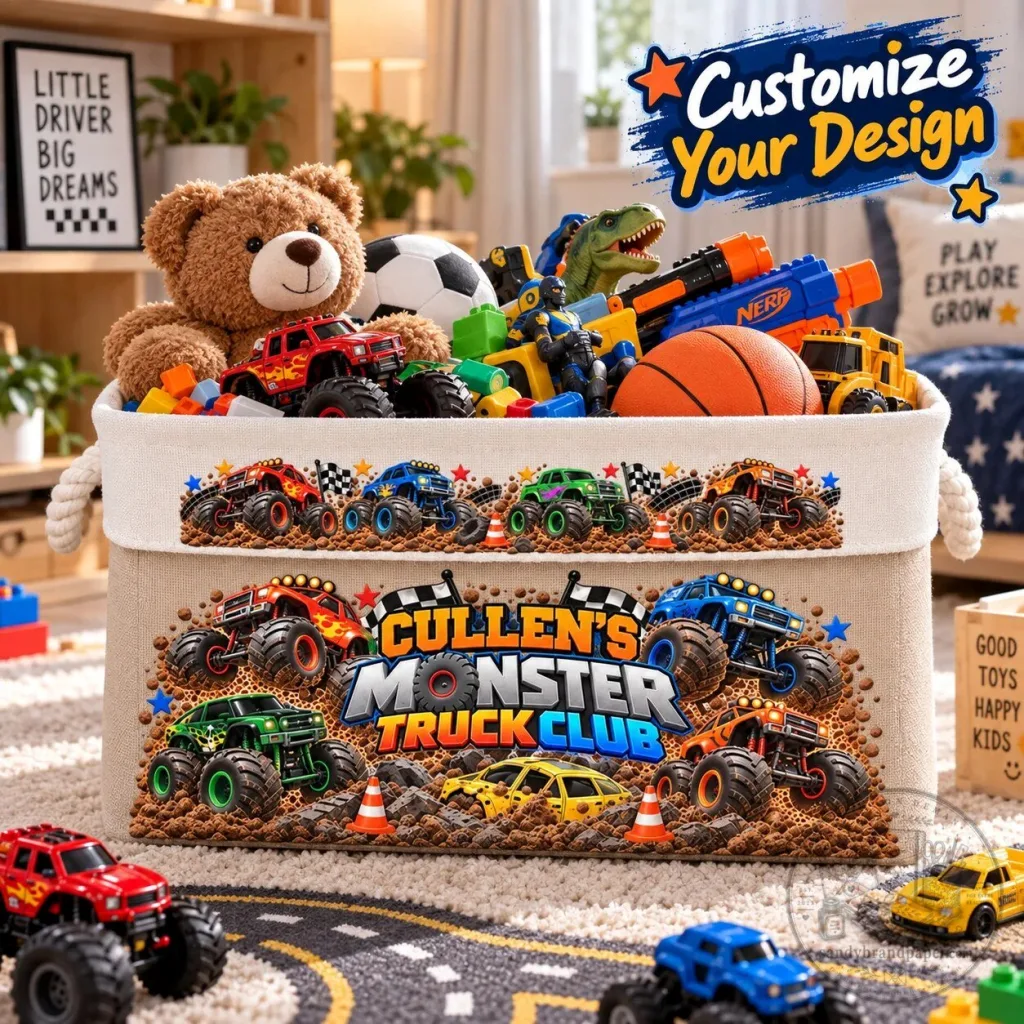 Personalized Monster Truck Club Toy Storage Bin with Rope Handles for Kids Personalized Monster Truck Club Toy Storage Bin with Rope Handles for Kids