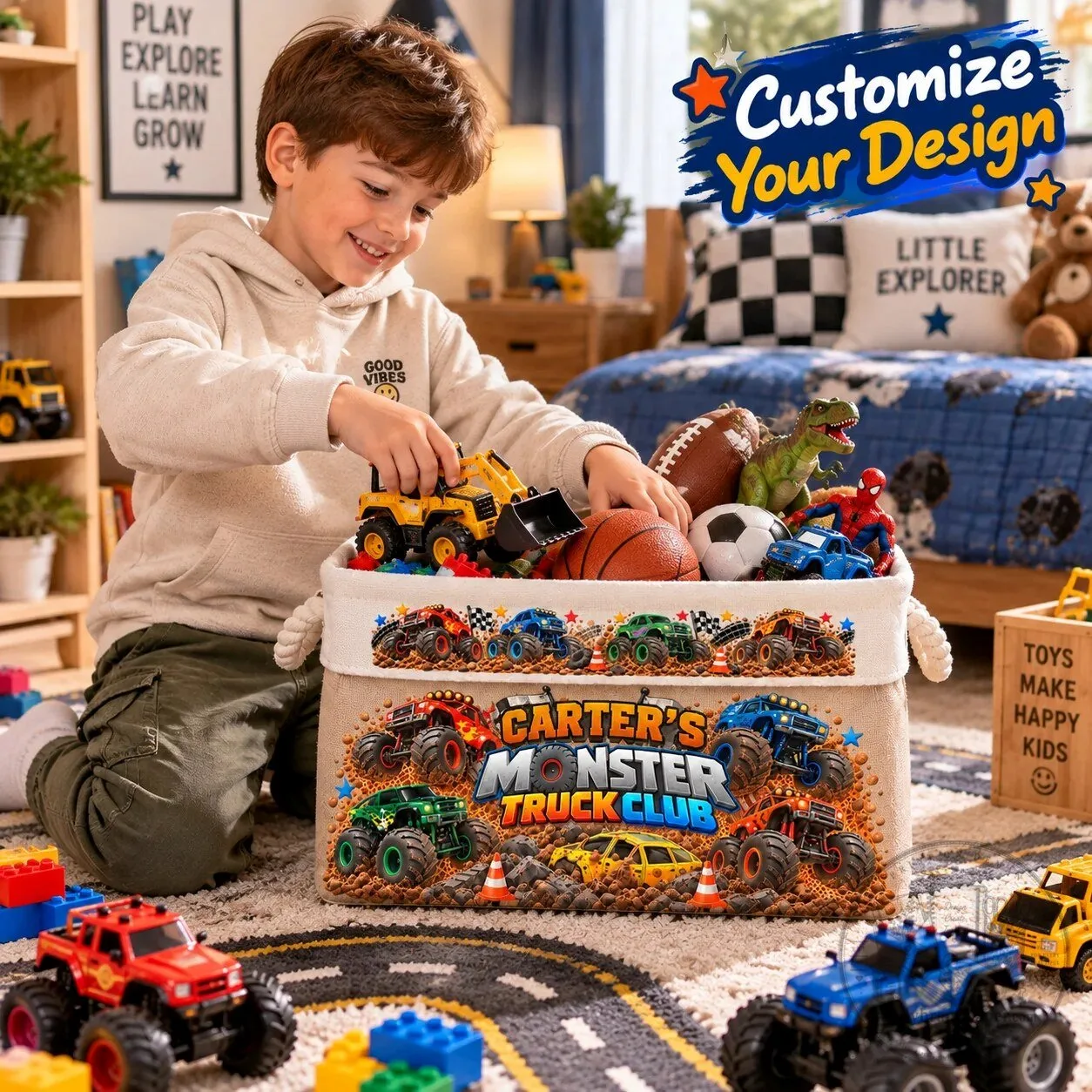Personalized Monster Truck Club Toy Storage Bin with Rope Handles for Kids 5 Personalized Monster Truck Club Toy Storage Bin with Rope Handles for Kids