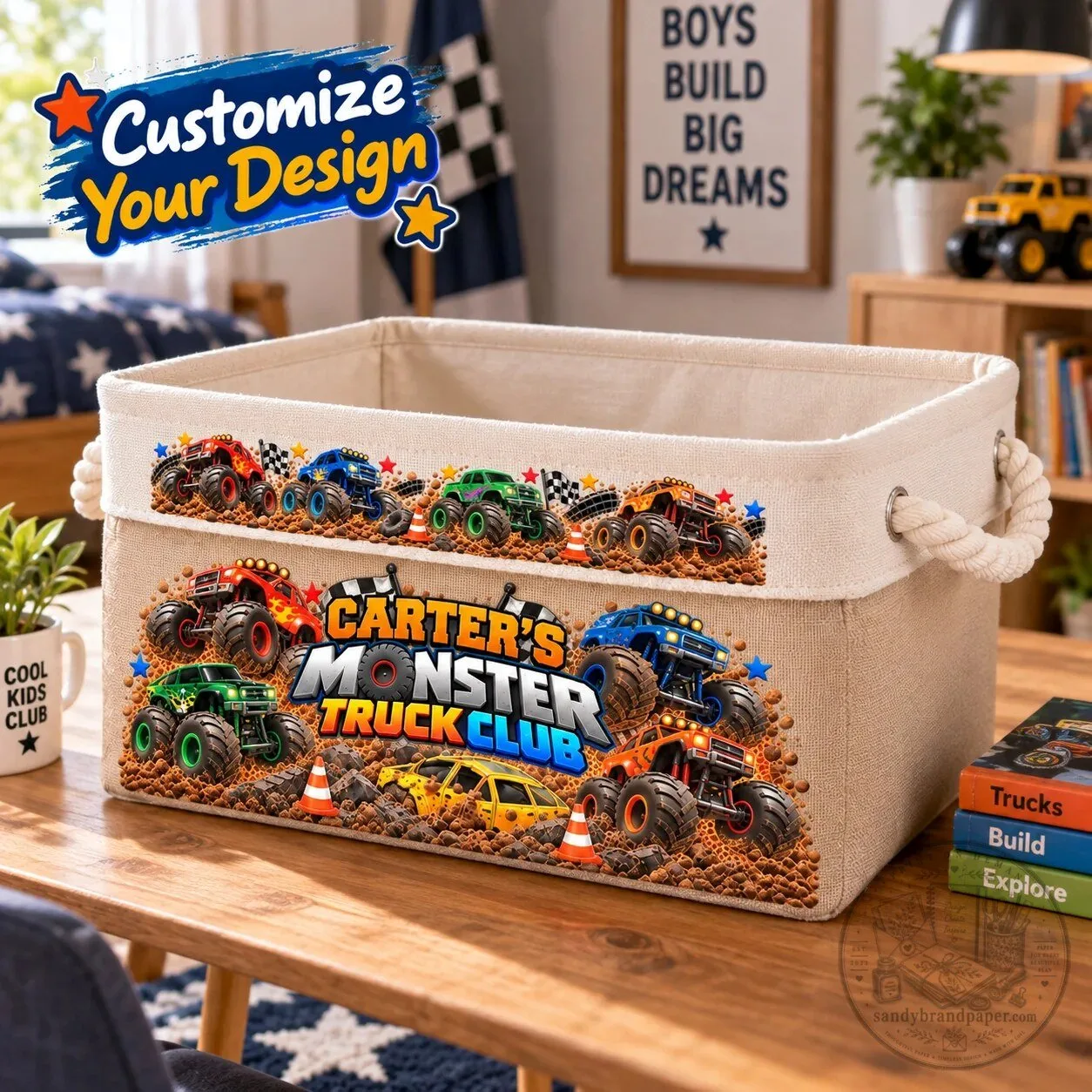 Personalized Monster Truck Club Toy Storage Bin with Rope Handles for Kids 6 Personalized Monster Truck Club Toy Storage Bin with Rope Handles for Kids