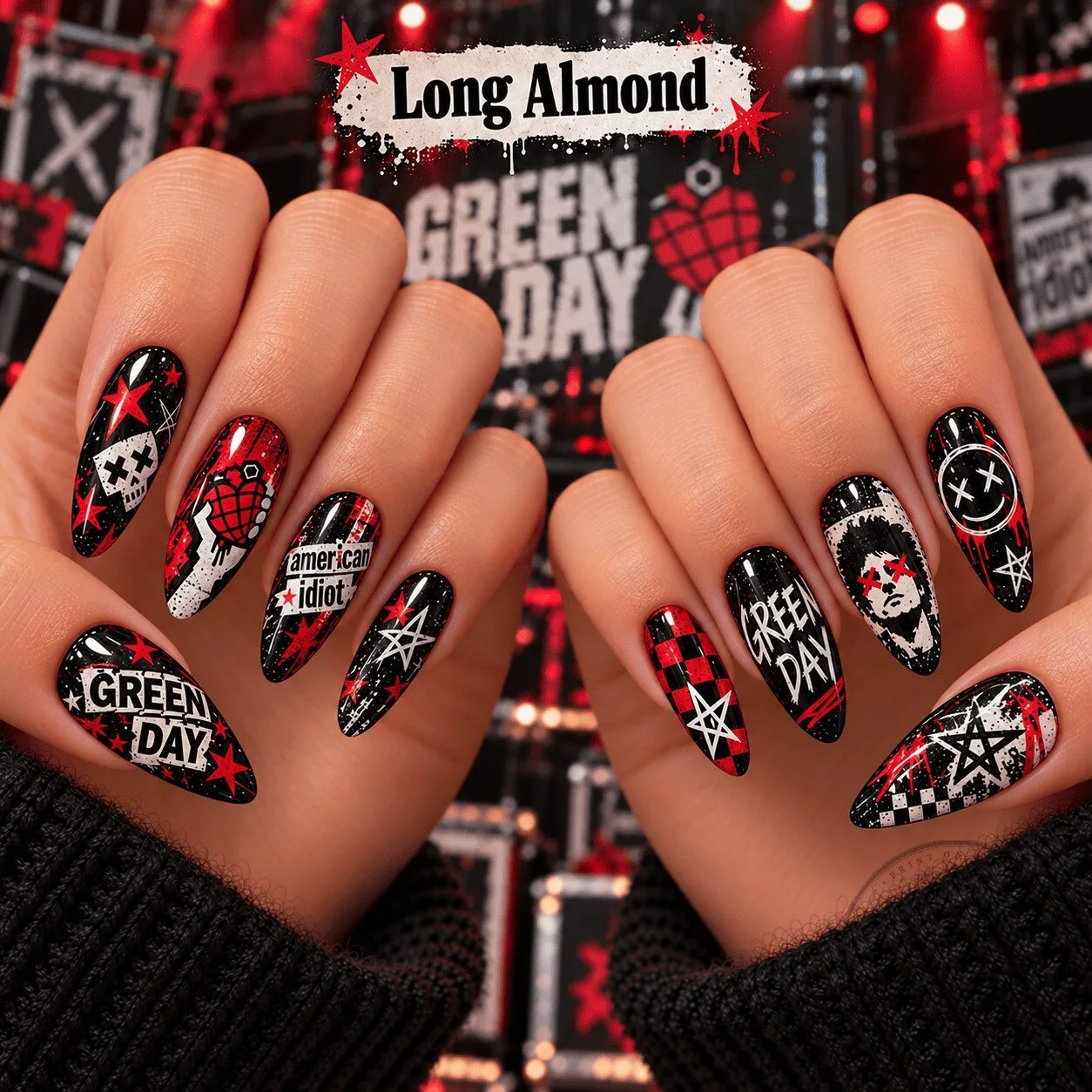 Green Day American Idiot Album Art Long Almond Shape Press-On Nails Set