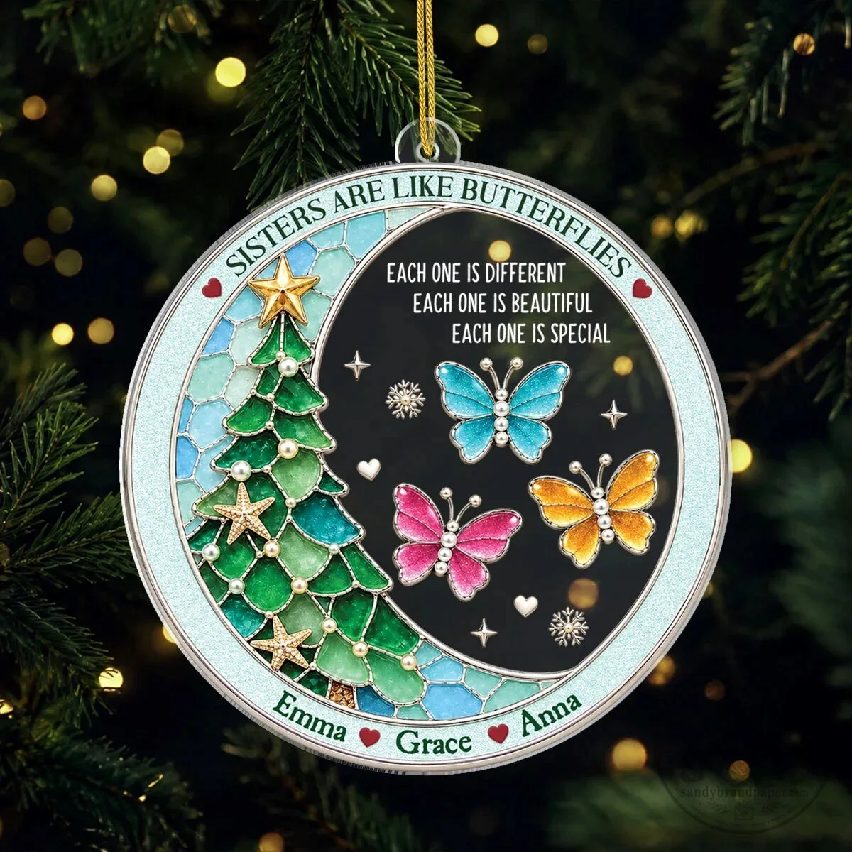Personalized Sisters Are Like Butterflies Christmas Tree Holiday Ornament