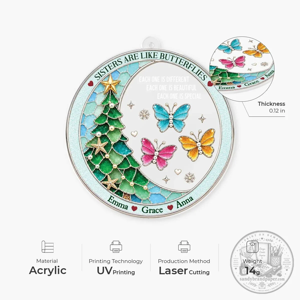 Personalized Sisters Are Like Butterflies Christmas Tree Holiday Ornament 8 Personalized Sisters Are Like Butterflies Christmas Tree Holiday Ornament
