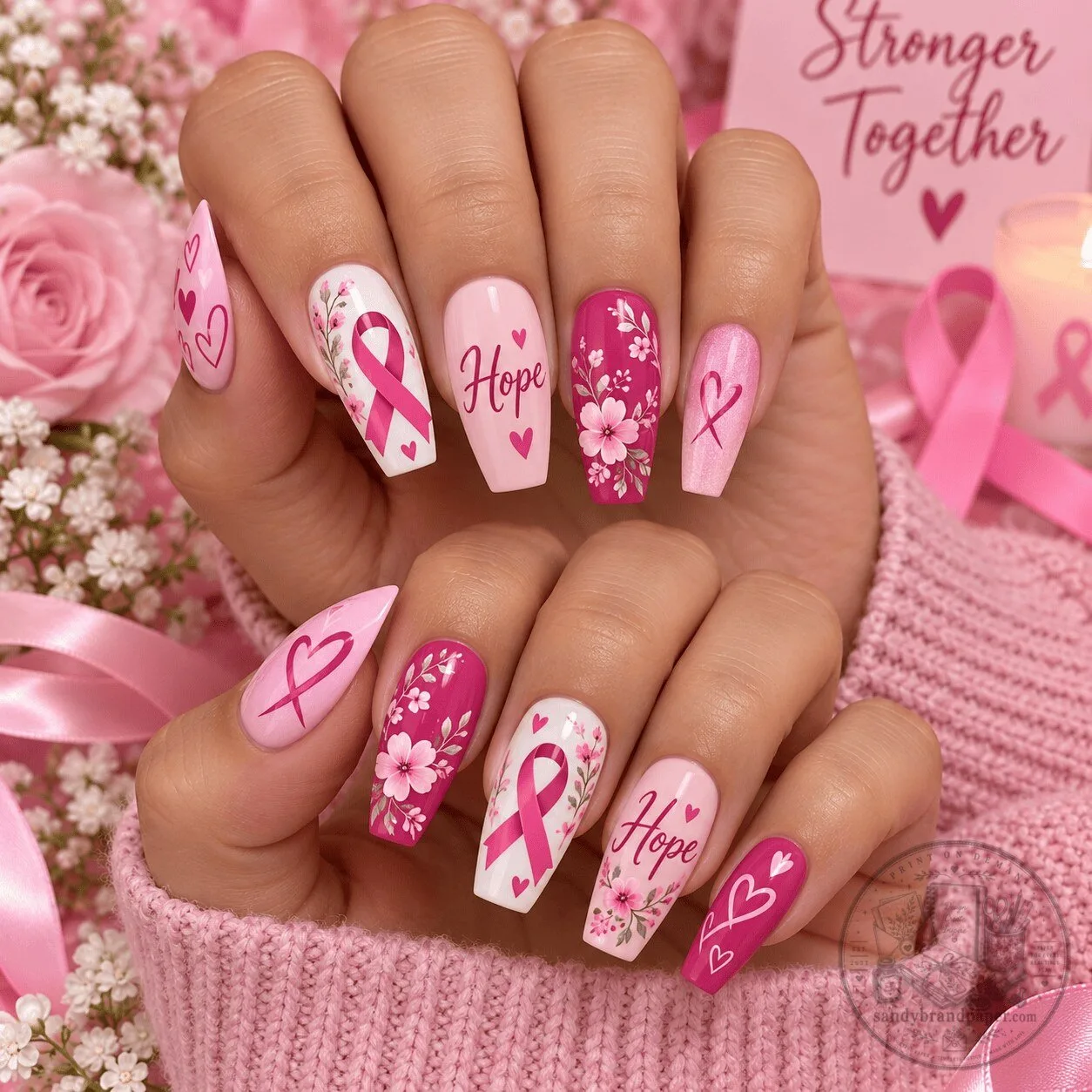 Pink Ribbon Hope Breast Cancer Awareness Coffin Press On Nails