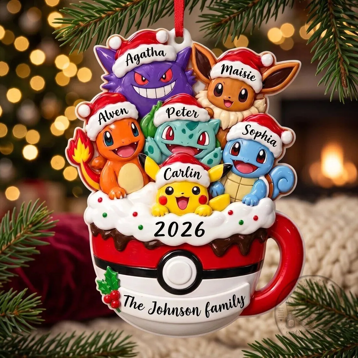 Personalized Pokemon Family Christmas Tree Ornament with Custom Names and Year