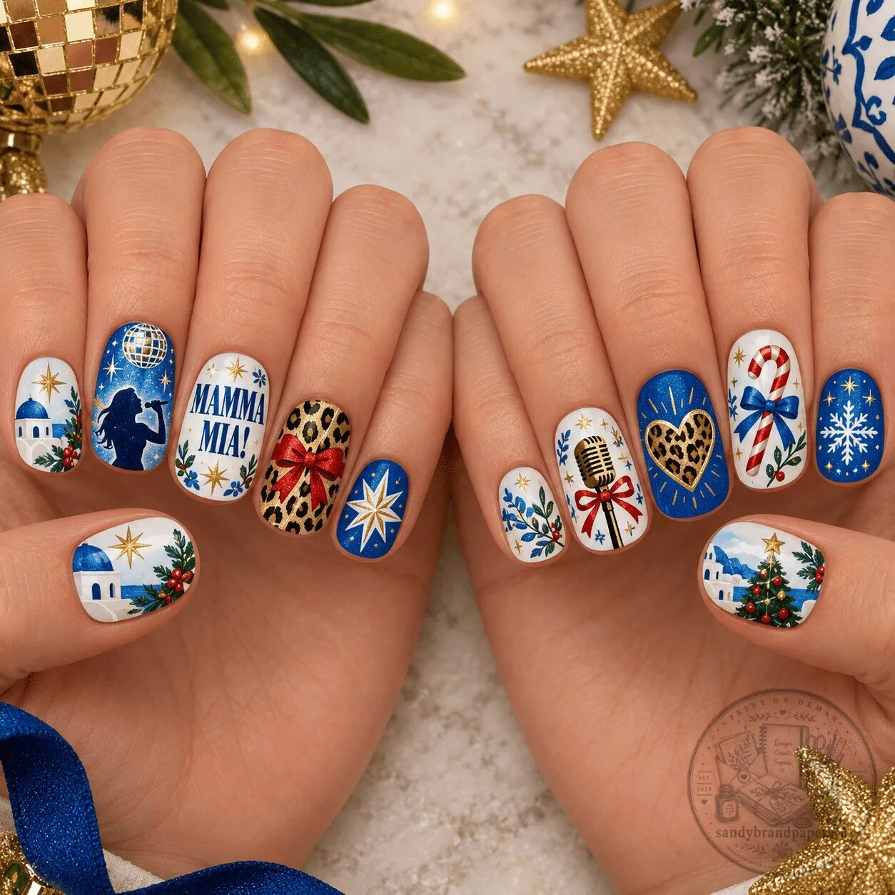 Mamma Mia Christmas Holiday Press On Nails Set with Leopard Print and Snowflake Design