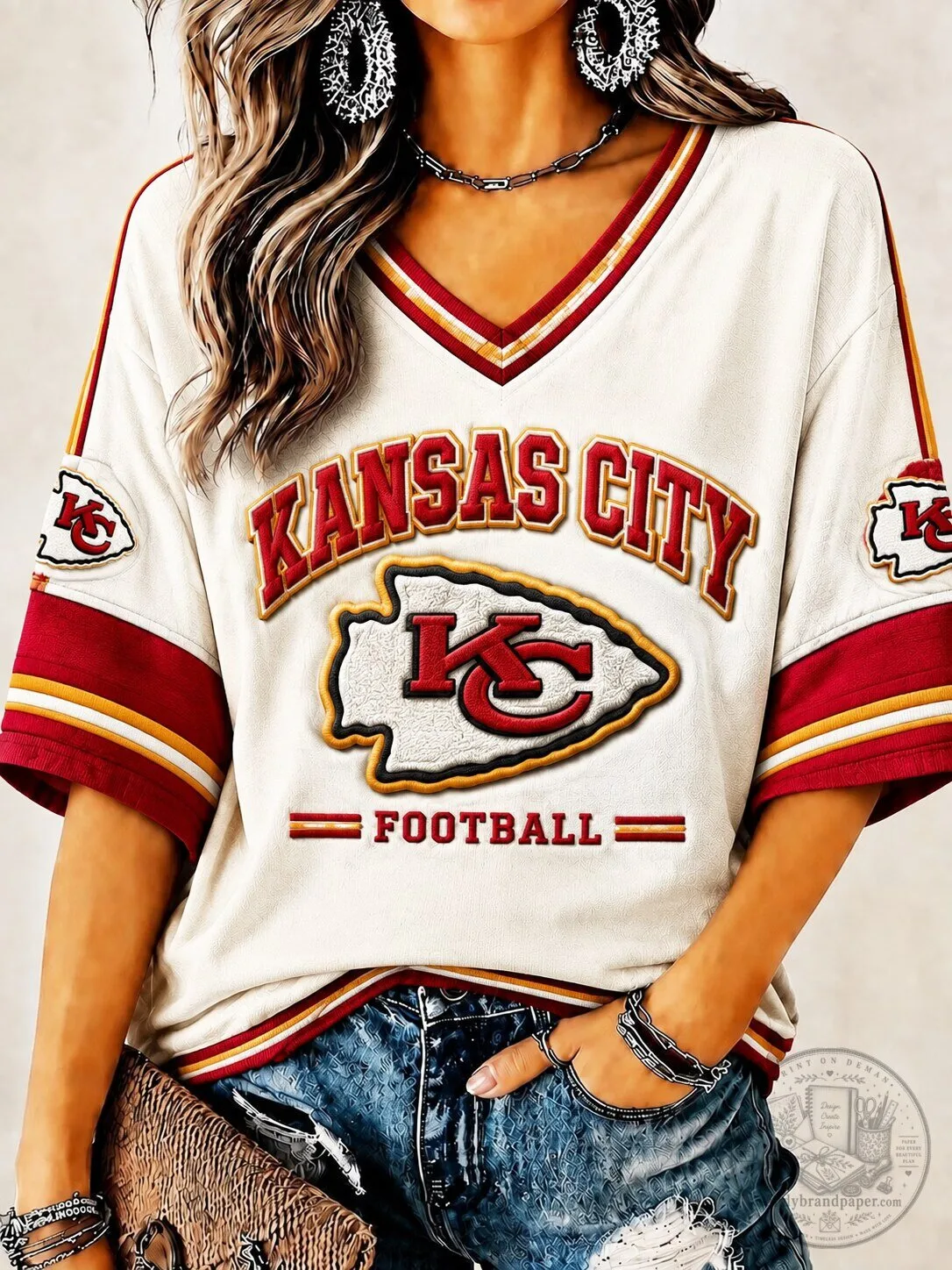 Kansas City Chiefs Football Team Logo V-Neck Short Sleeve T-Shirt