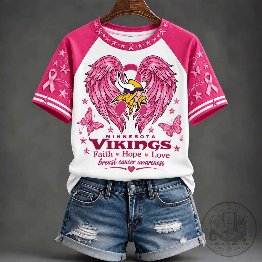 Breast Cancer Awareness T-Shirt featuring Minnesota Vikings Faith, Hope, and Love