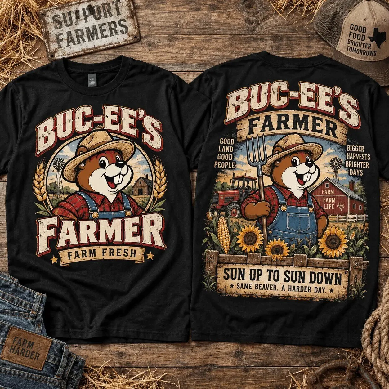 Buc-ee's Farmer Farm Fresh Sun Up To Sun Down Black T-Shirt