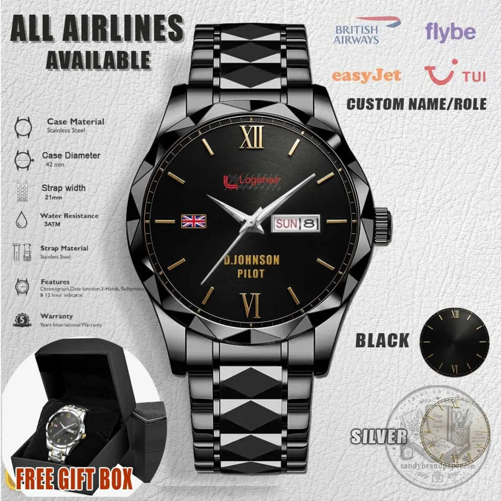 Loganair Airline Pilot Custom Name Black Stainless Steel Watch Loganair Airline Pilot Custom Name Black Stainless Steel Watch