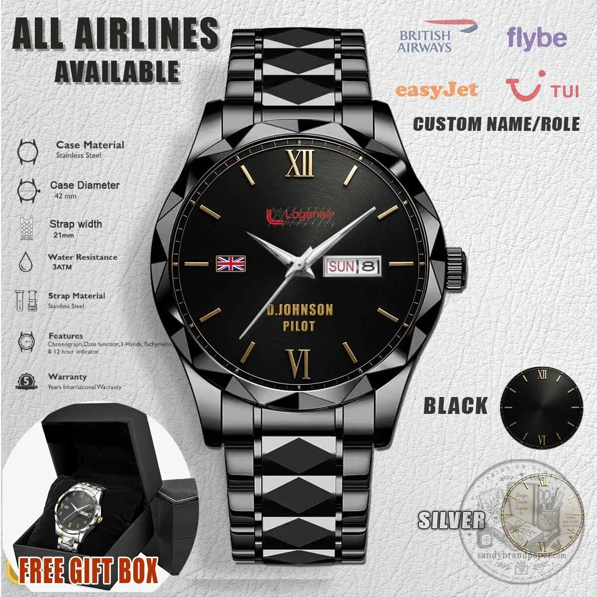 Loganair Airline Pilot Custom Name Black Stainless Steel Watch