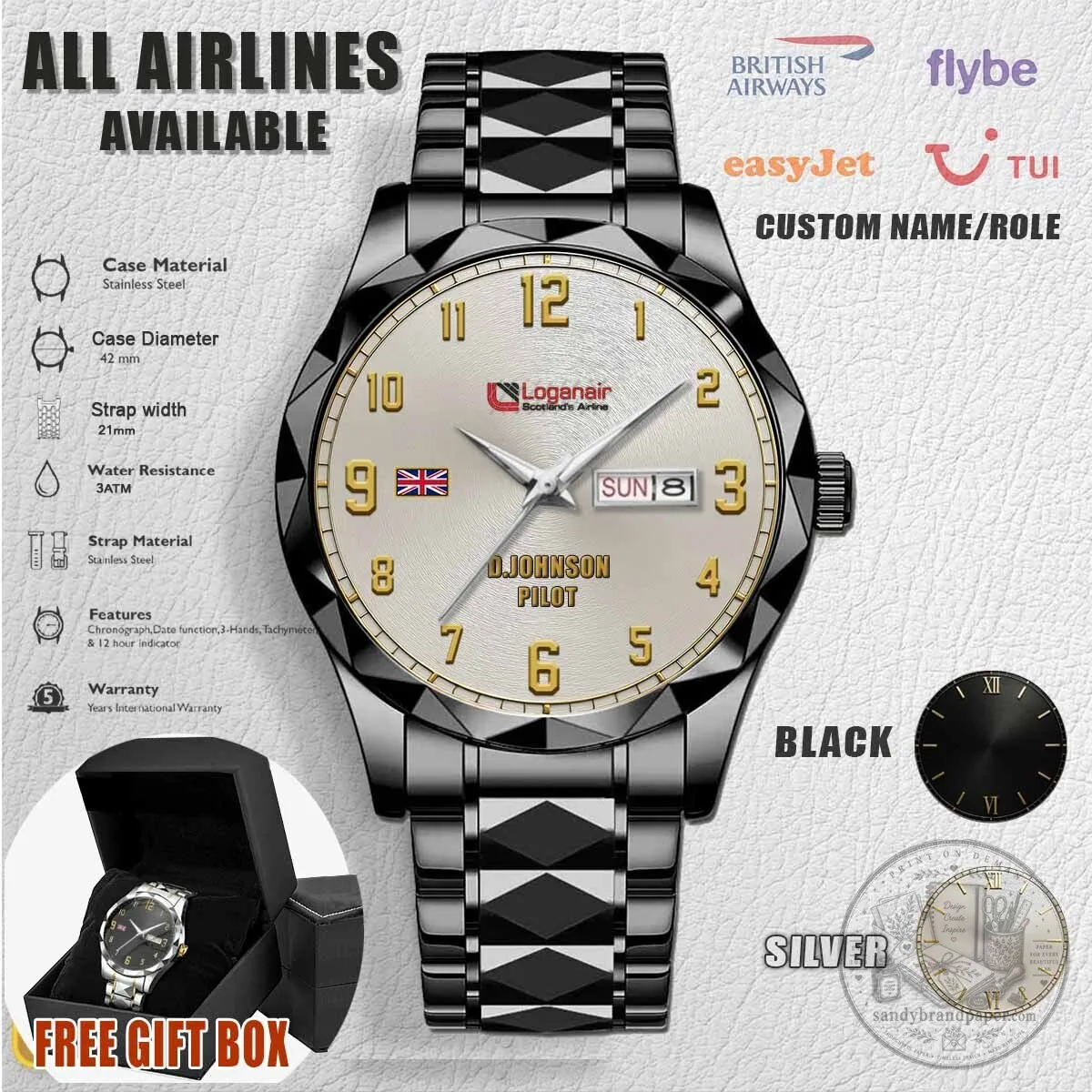 Loganair Airline Pilot Custom Name Black Stainless Steel Watch 4 Loganair Airline Pilot Custom Name Black Stainless Steel Watch