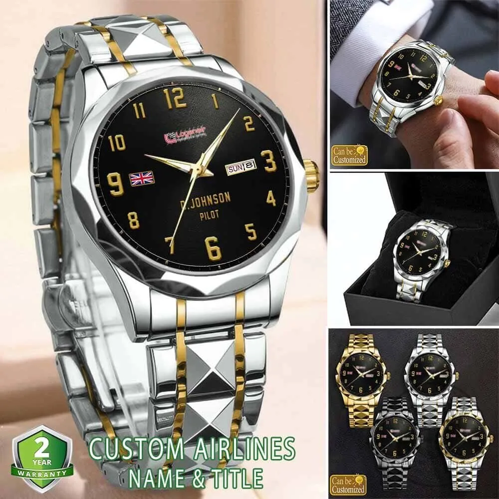 Loganair Airline Pilot Custom Name Black Stainless Steel Watch 5 Loganair Airline Pilot Custom Name Black Stainless Steel Watch