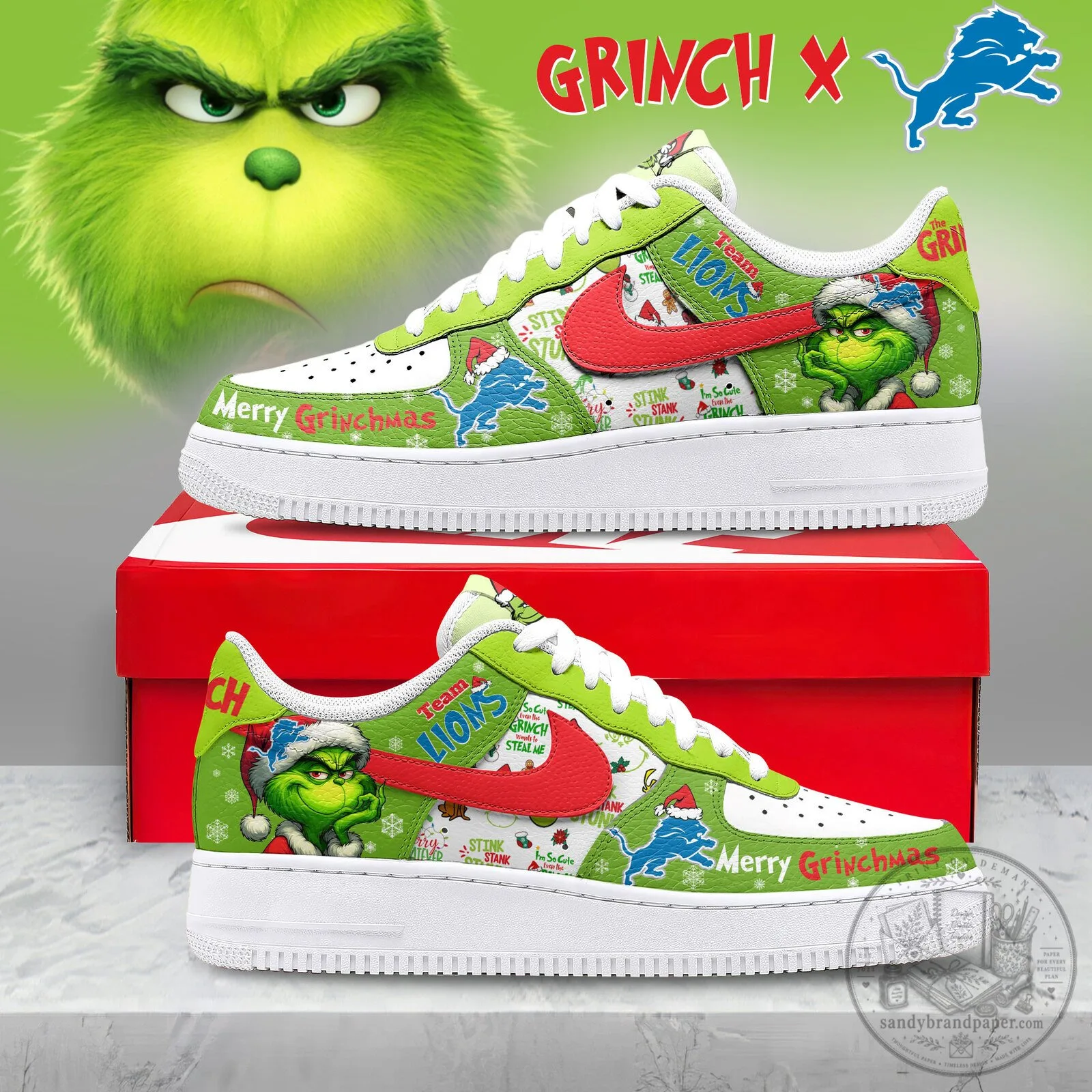 Detroit Lions Grinch Christmas Holiday Custom Air Force 1 Shoes