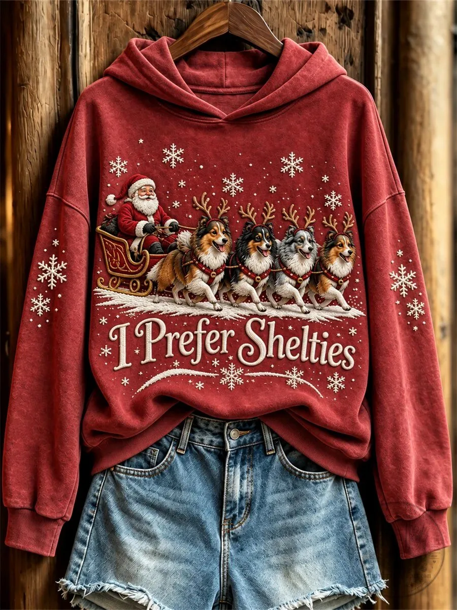 Christmas I Prefer Shelties Santa Claus and Dogs Print Hoodie