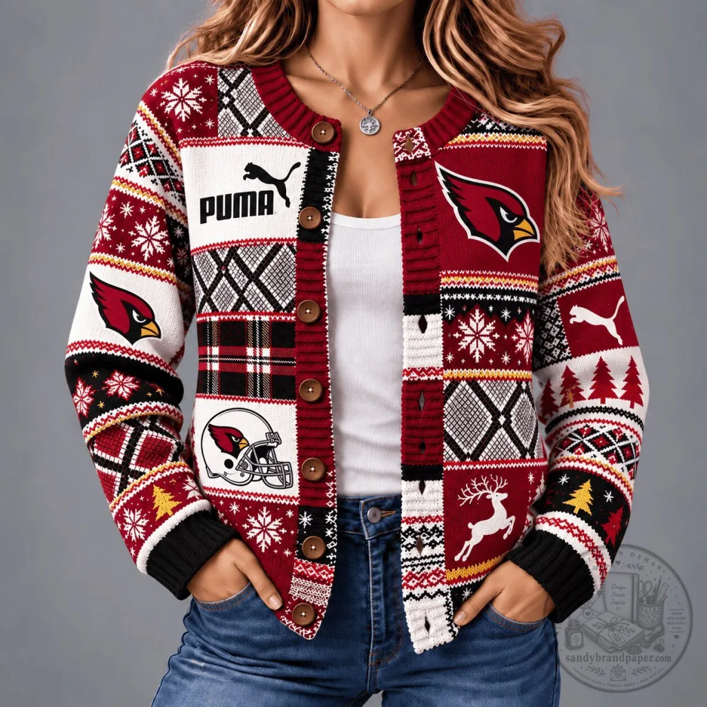 Arizona Cardinals Christmas Patchwork Button-Up Cardigan Sweater Arizona Cardinals Christmas Patchwork Button-Up Cardigan Sweater
