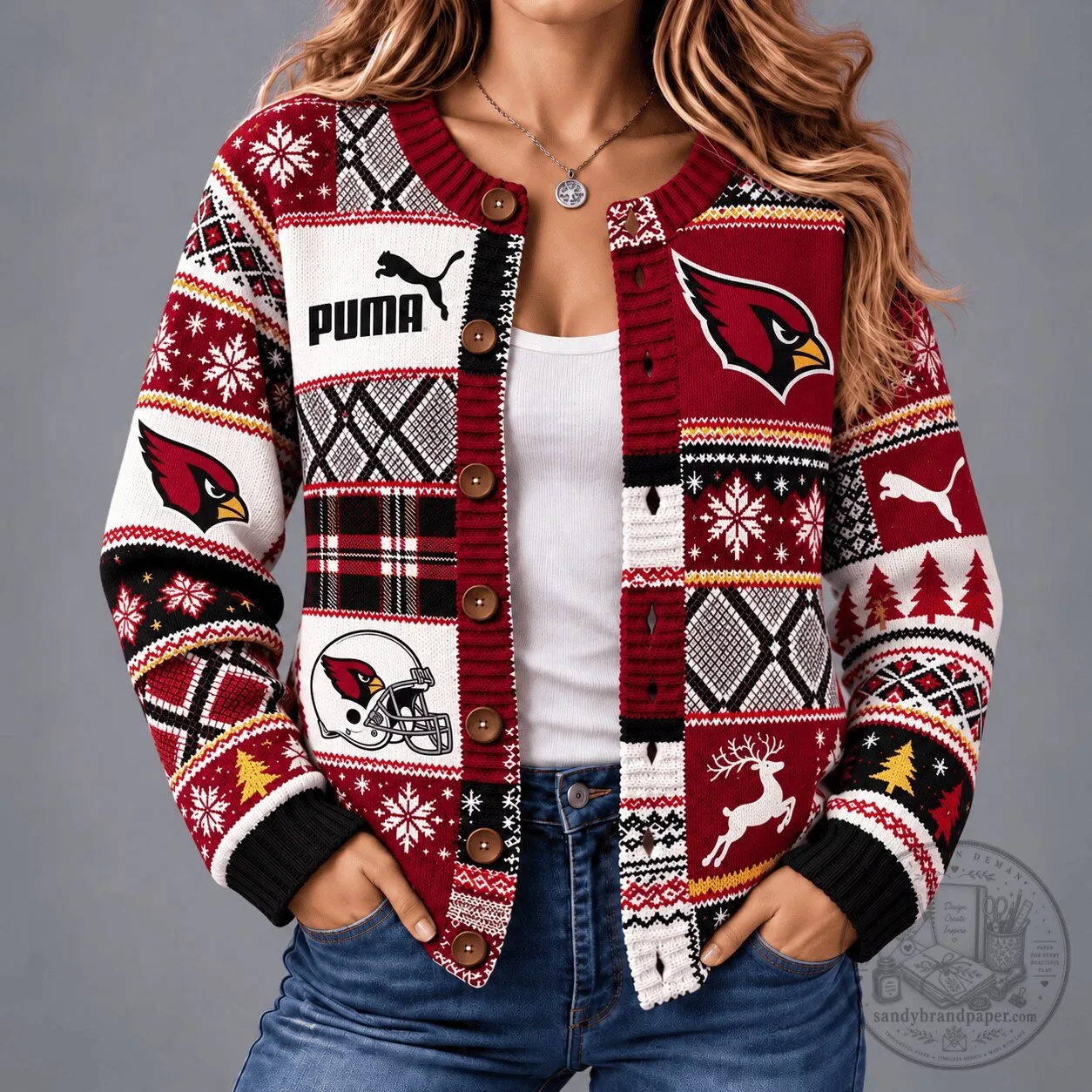Arizona Cardinals Christmas Patchwork Button-Up Cardigan Sweater