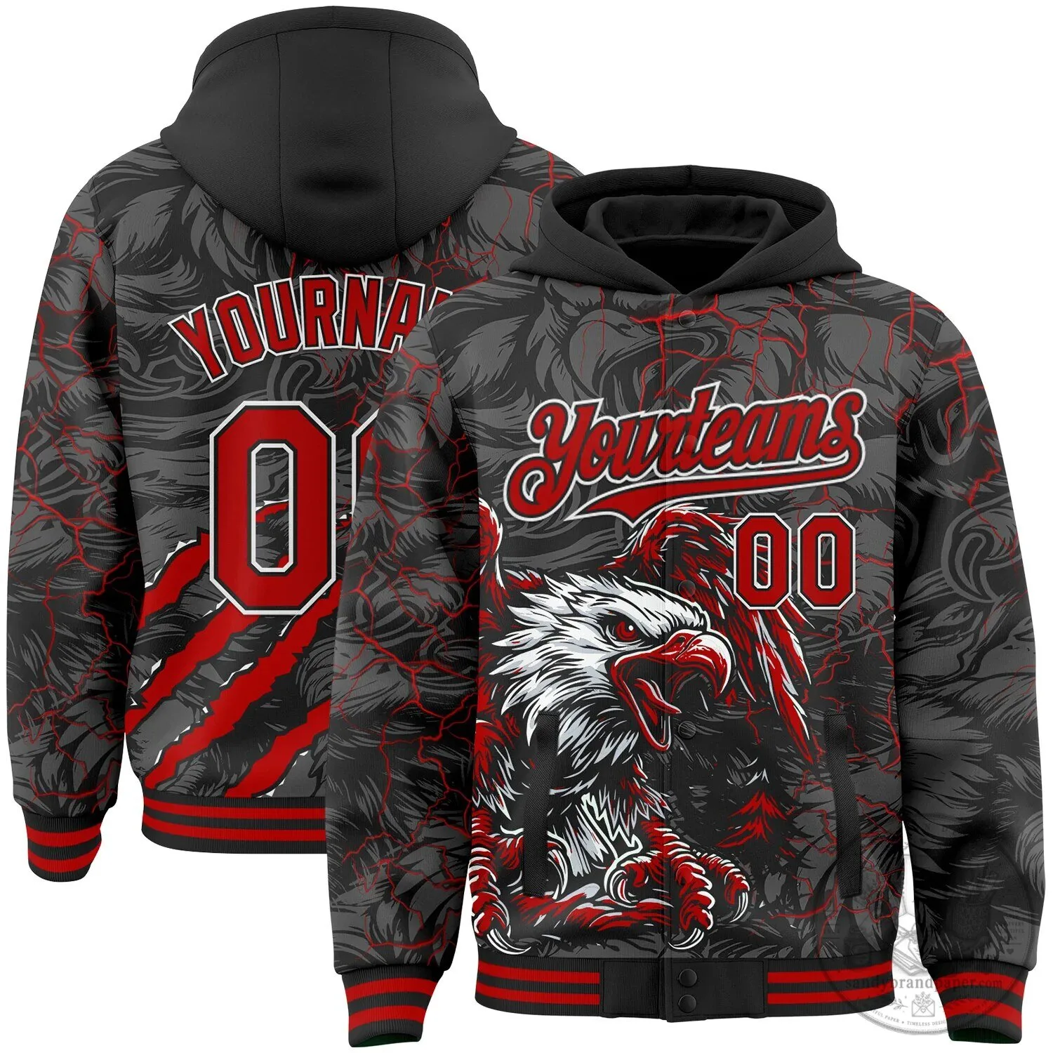Custom Black Red Gray White Eagle Lightning Claw Scratch Bomber Hoodie Jacket