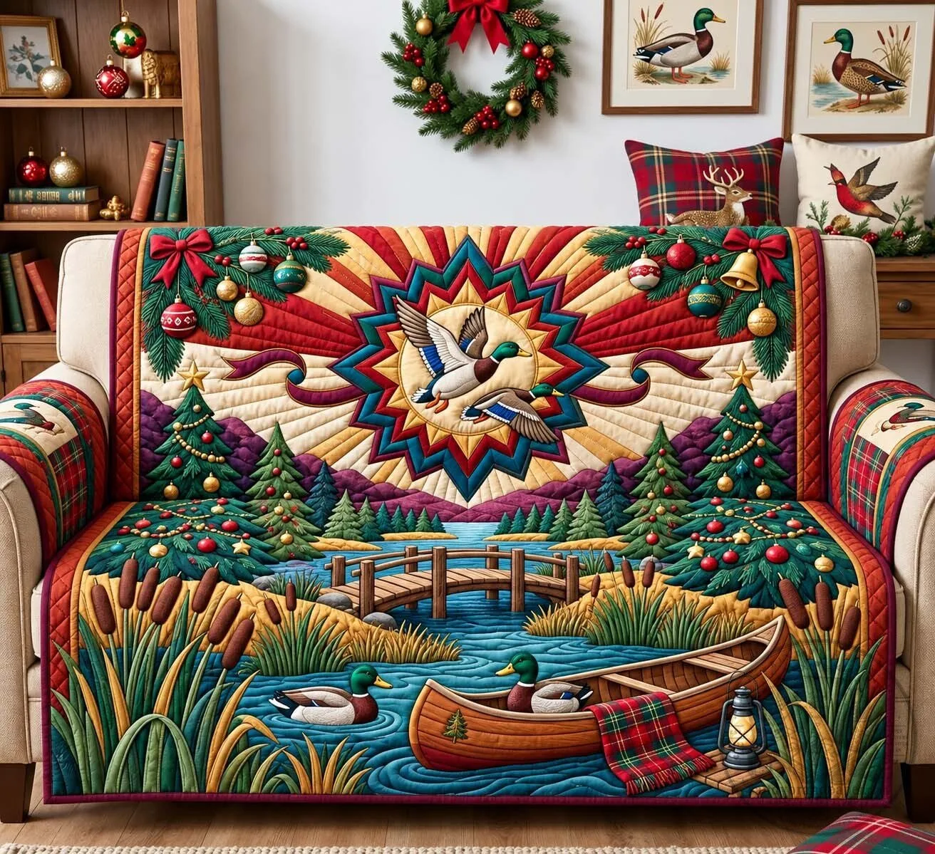 Christmas Mallard Ducks Quilted Sofa Cover for Holiday Home Decor