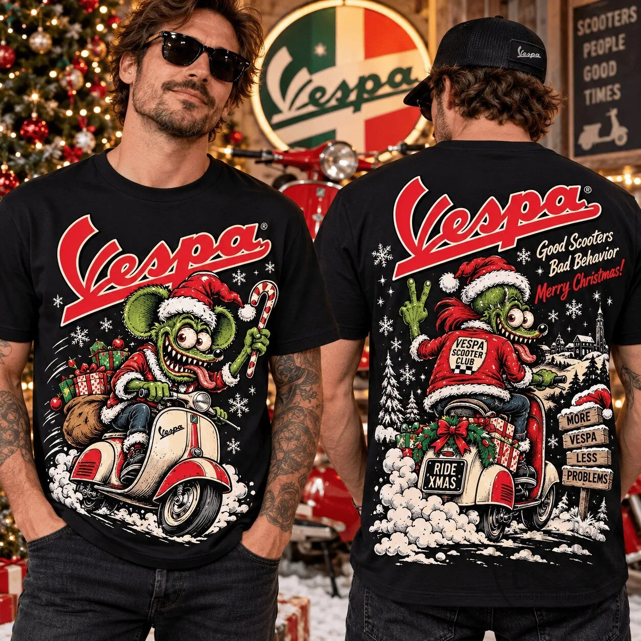 Vespa Christmas Scooter Mouse Good Scooters Bad Behavior Black T-Shirt