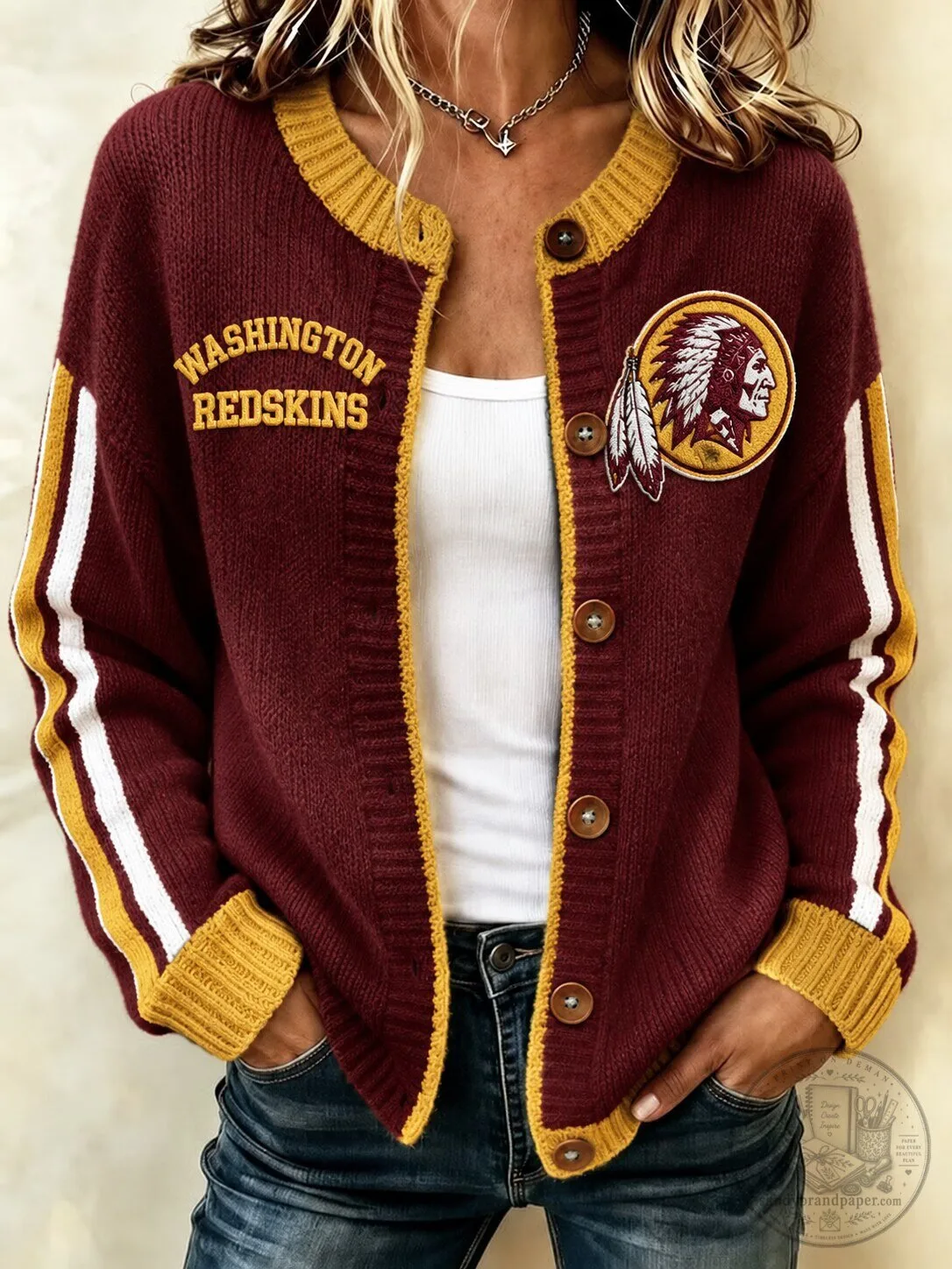 Women's Cardigan Sweater with Washington Redskins Football Team Logo - Button-Up Design