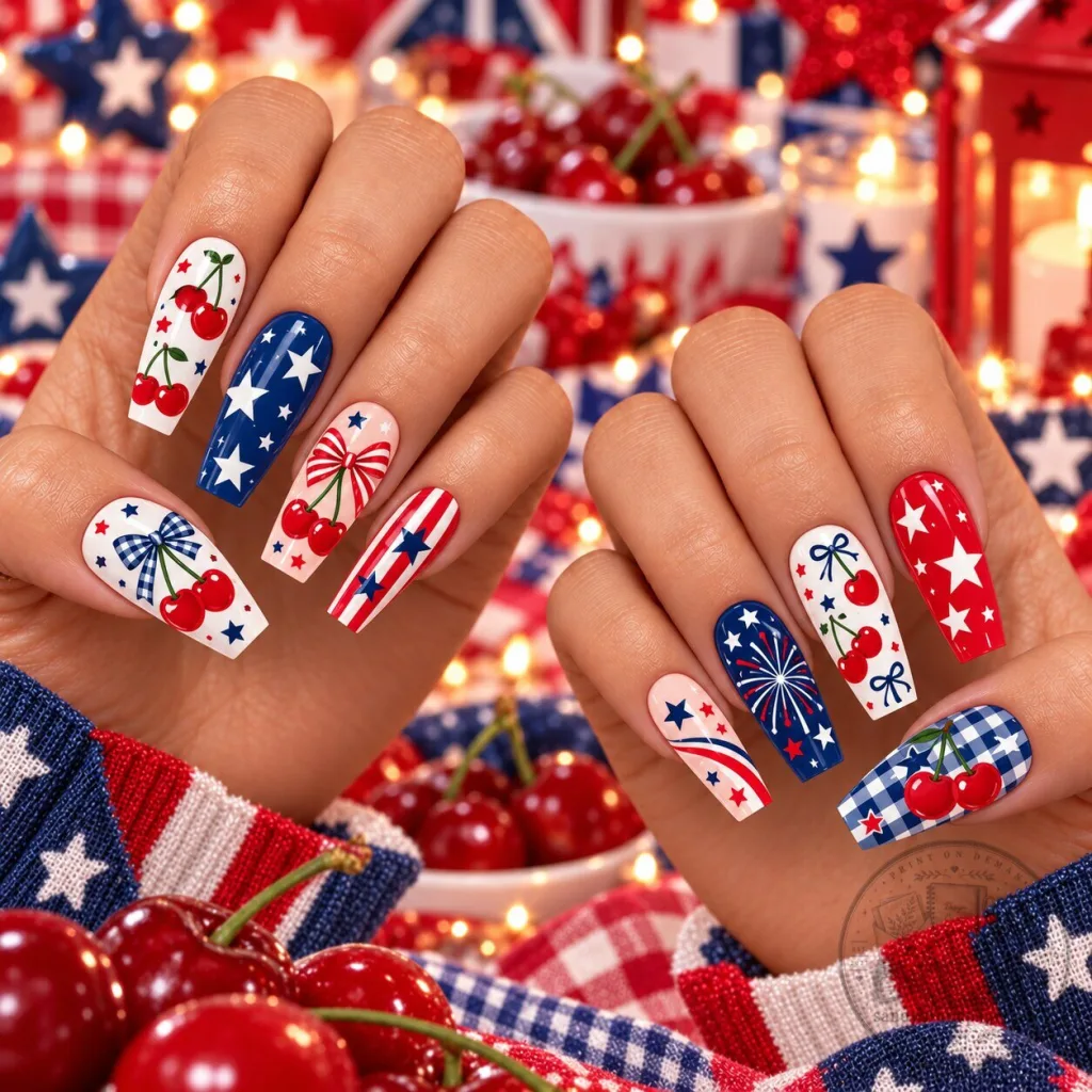 Patriotic Cherry Star Striped Press-On Nails Set for Independence Day 8 Patriotic Cherry Star Striped Press-On Nails Set for Independence Day